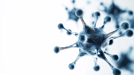 close up of blue abstract molecular structure with interconnected nodes and strands, resembling virus or neural network, set against white background