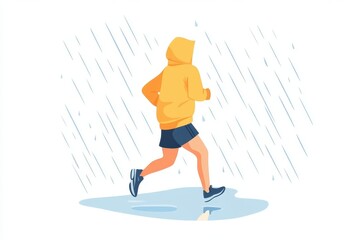 Fototapeta premium Person Jogging in the Rain with Yellow Hoodie and Splashing Water