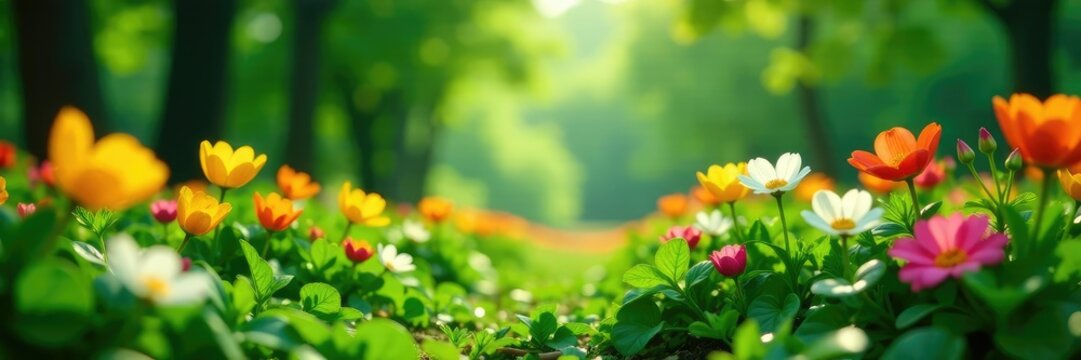 Campo con flores moradas y ca?da de hojas bajo la lluvia, naturaleza, verde