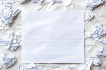 A lined paper surrounded by discarded crumpled pieces of paper