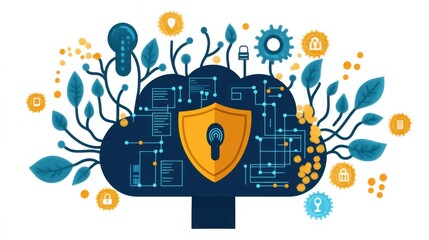 carbon footprint security e-wallet. Cloud Computing Security: Abstract Illustration with Blue and Gold Leaves and Security Icons