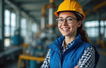 Happy female engineer wearing safety helmet and blue vest smiles. Worker at oil refinery, gas, petrol production plant. Woman in glasses, industry employee in uniform. Pro occupation at workplace.