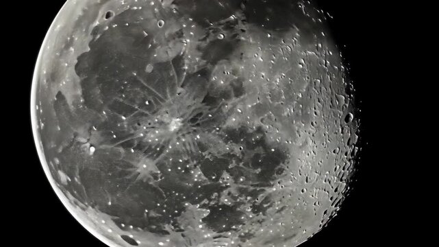 Detailed view of the moon's surface showing craters and maria illuminated by night sky