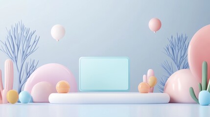 Fototapeta premium carbon footprint security e-wallet. Pastel Abstract 3D Render with Balloons and Geometric Shapes