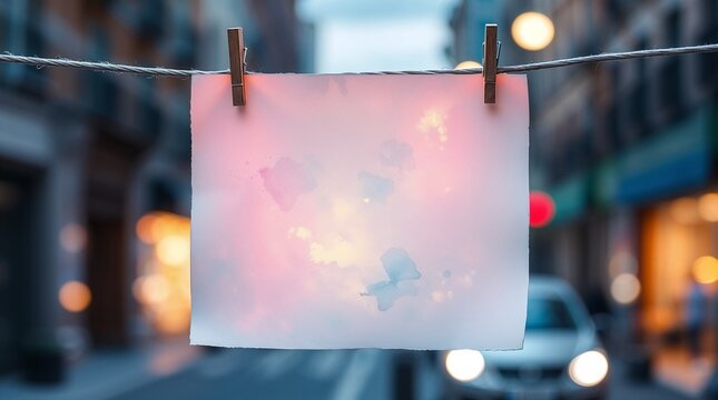 A sheet of paper hangs on clothespins on a blurred background of evening city bokeh
