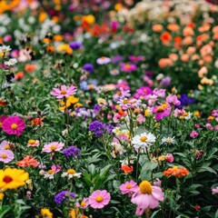 Obraz premium Abundance of diverse wildflowers blossoming in an open field setting