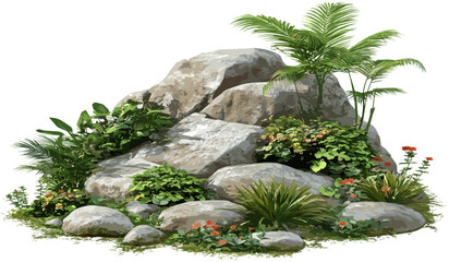 Fototapeta premium Rock design, vector gardening, tropical plants, cutout, garden decoration, outdoor garden, exotic flora, greenery, landscaping ideas, tropical garden, nature design