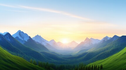 Fototapeta premium A serene mountain landscape at sunrise, featuring lush green valleys and snow-capped peaks under a bright blue sky.