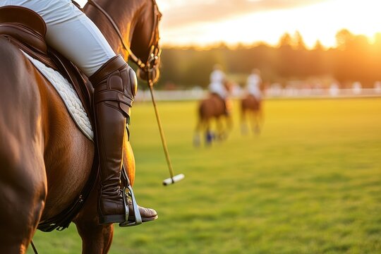 Polo Player on Horseback during Sunset at Outdoor Field