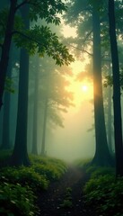 Obraz premium Foggy dawn breaks through the misty forest canopy, neblina, greenery, ambiance