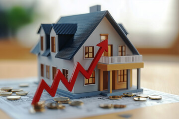House model, coins, red arrow with uptrend are on the drawings. Rising real estate prices. Construction and development.