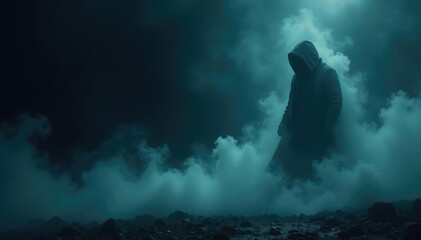 Fototapeta premium Fog swirls around a mysterious object on a black and dark background, obscurity, atmosphere, ambiance
