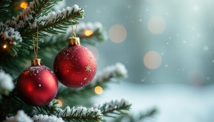 Obraz premium Gold and red ornaments on a frosted wooden Christmas tree branch, frosted, glass