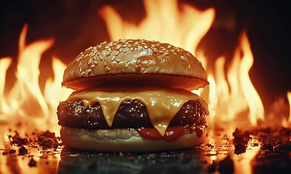 Juicy burger on fire. Cheesy, delicious grilled patty with sesame bun