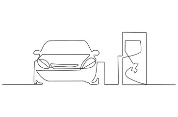 Continuous one line drawing of Electric car at charging stations. Single line drawing illustration of Electric car. Battery Green energy concept vector art. Doodle line illustration.
