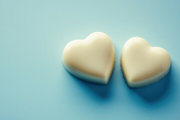 Obraz premium Two Heart-Shaped White Chocolates on Blue Background