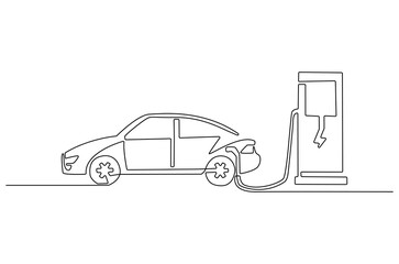 Continuous one line drawing of Electric car at charging stations. Single line drawing illustration of Electric car. Battery Green energy concept vector art. Doodle line illustration.