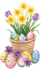 Easter Eggs in Basket - Daffodils and Tulips, Holiday Art Design
