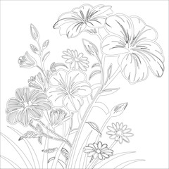 Black and White Flowers Coloring Page with Line Art Illustration