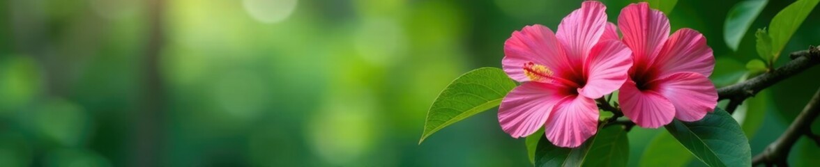 Large pink hibiscus flowers on a tropical tree branch, nature, hibiscus