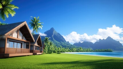 A serene beach scene featuring tropical houses, lush greenery, palm trees, and majestic mountains under a clear blue sky.