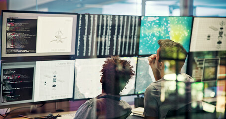 Screen, weather data and people on computer for broadcast with news, research or reporter....