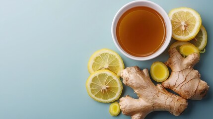 Apple cider vinegar wellness and metabolism, A calming image featuring ginger root, lemon slices, and a cup of tea on a blue background, promoting health and wellness.