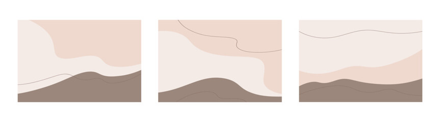 A set of modern minimalistic abstract backgrounds in soothing beige shades, flat geometric shapes design. Vector illustration of background, background design with text, banner, cover, wallpaper