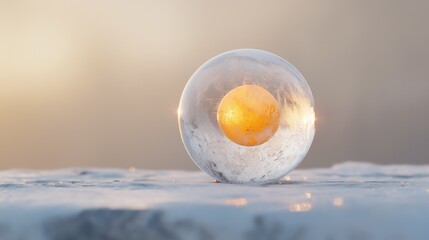 Close-up of a spherical object on a snowy surface. the object appears to be made of a transparent material, possibly ice or snow, and is spherical in shape.