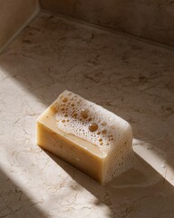 Handmade soap bar with foamy bubbles on marble surface
