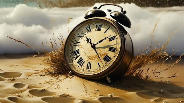 An old clock in the sand. A clock on a beach with alarm clocks. A sand and stones in nature. A vintage timepiece resting in lifestyle the sand.