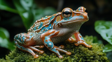 Naklejka premium Vibrant frog perched on moss, showcasing intricate orange, blue, and white patterns