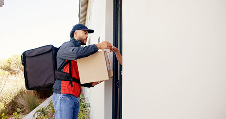 Delivery man, box and person sign by home for shipping, courier service and online shopping....