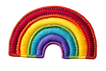 Embroidered colorful rainbow patch isolated on black background, cut out transparent