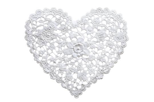 Lace heart doily, intricate crochet pattern, cut out transparent