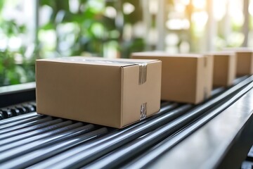Cardboard Boxes Conveyed Along a Roller Conveyor System for Shipping