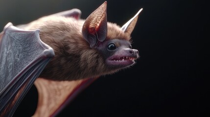 Obraz premium Close-up of a bat in flight against a dark background with blurry forest in the background. Suitable for wildlife, nature, or zoology publications