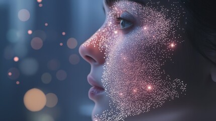 Close-up of a woman's face. the woman's eyes are closed and her expression is peaceful. the background is blurred, but it appears to be a cityscape with buildings and lights.