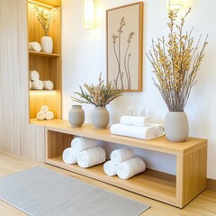 A serene and modern spa setting featuring neatly arranged towels and decorative vases, creating a calm ambiance.