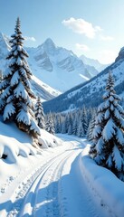 Fototapeta premium Snow-covered trees on a winding mountain road, serene, snow, landscape