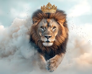 Majestic lion in a crown, rising above clouds