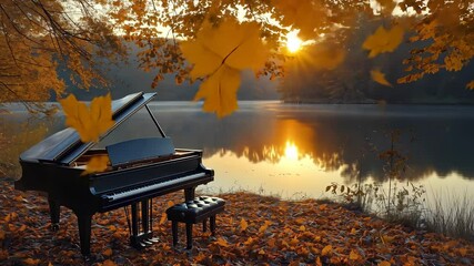 Piano by the sunset. Black piano in the forest. Autumn leaves in the sky at sunset. Sunset piano lifestyle.