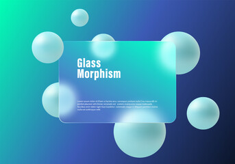 Website landing page template with glass morphism. Presentation screen with glass overlay effect on floating gradient spheres. Frosted glass effect on gradient background.