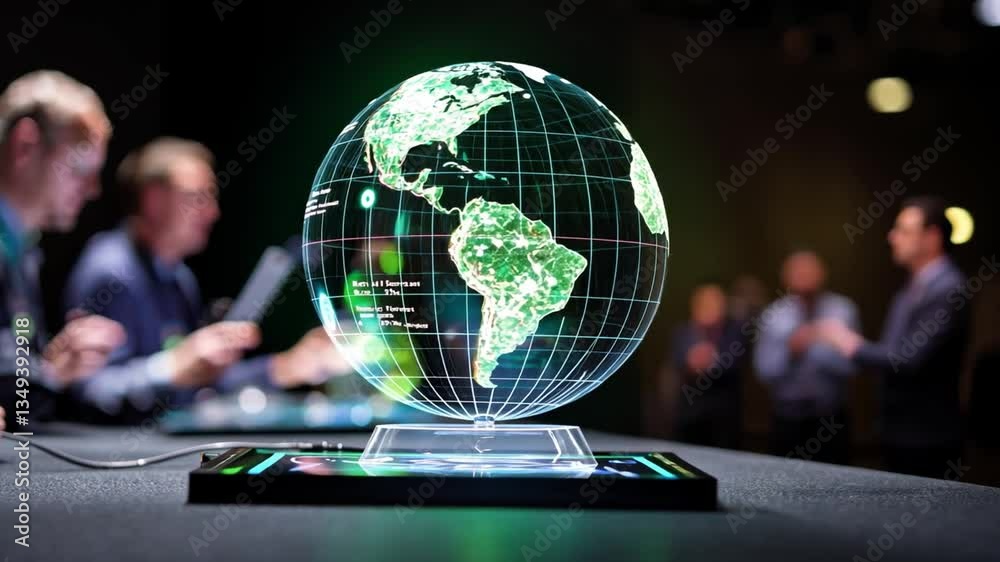 Poster interactive 3d globe displaying world map and data visualization in a modern conference setting with