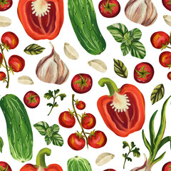 Seamless pattern vegetables on white background. Digital art, imitation oil. Autumn harvest, healthy food. Print for fabric and wrapping paper.