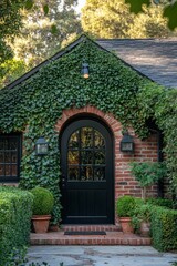 Fototapeta premium Charming brick cottage entrance adorned with lush ivy and decorative shrubs in a residential neighborhood during golden hour