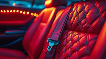 Red leather seats and ambient lighting create a luxurious, modern driving experience