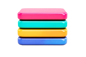 Stack of four colorful rectangular shapes, vivid hues, cut out transparent