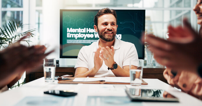 Applause, meeting and presentation with business people in boardroom of office for workshop goals. Clapping, human resources and mental wellbeing with employee team at work for success or target