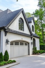 A contemporary white brick house featuring elegant architectural design is beautifully framed by vibrant greenery that lines the driveway on a bright, sunny day